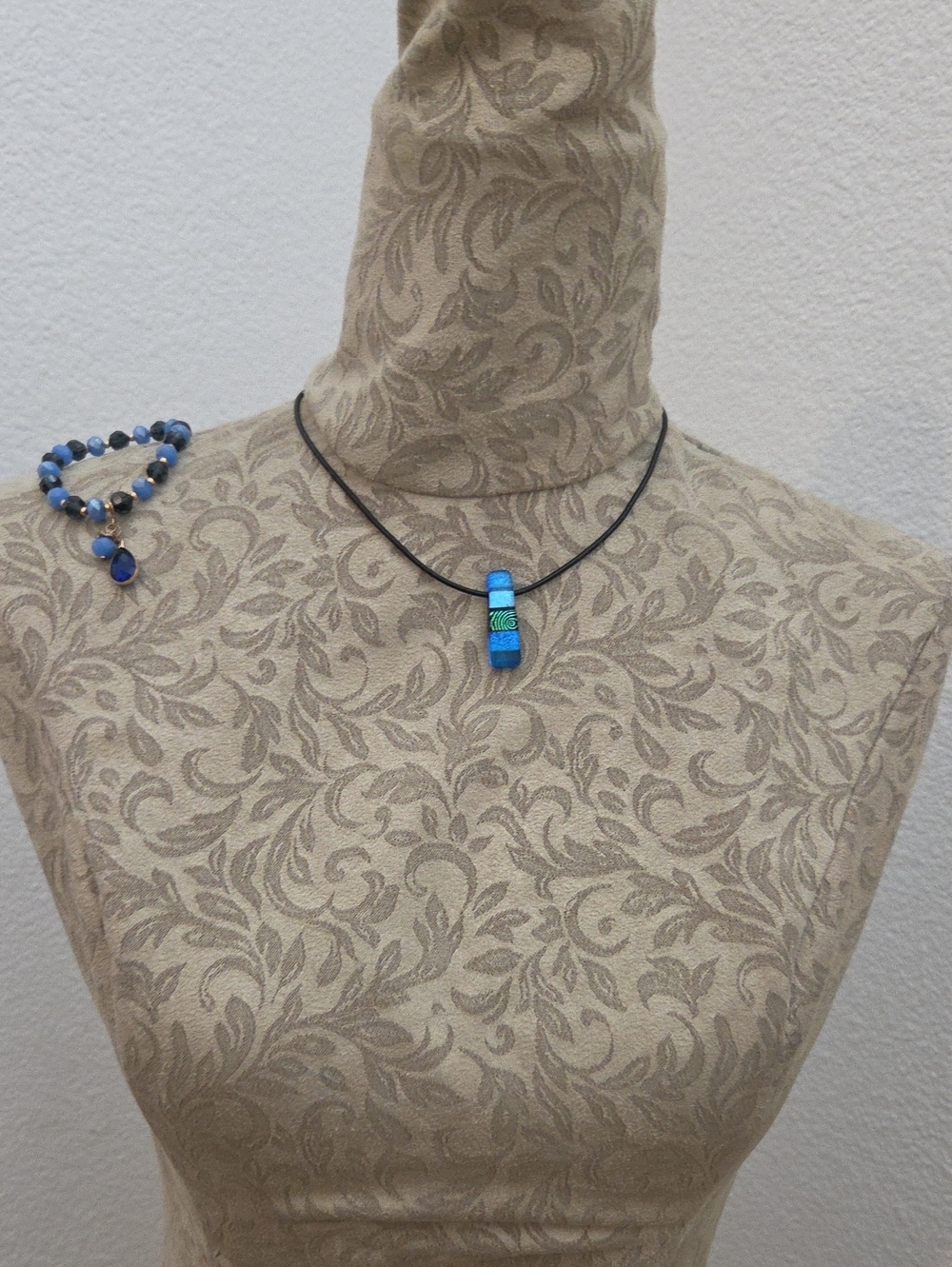 Blue Glass Pendant Necklace with Black Cord & Stretch Bracelet